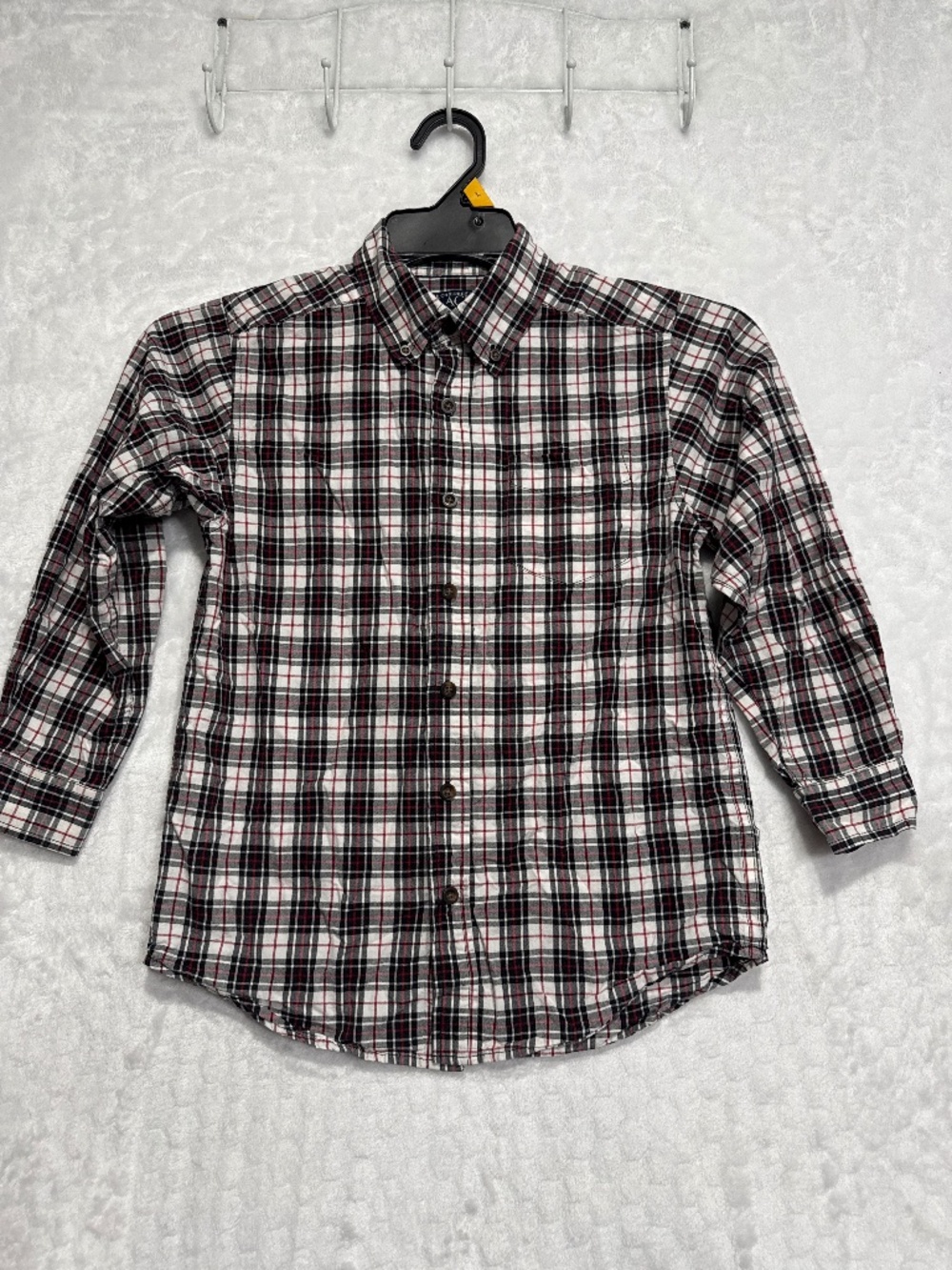 The Children’s Place button front shirt red black plaid long sleeves boys 7-8